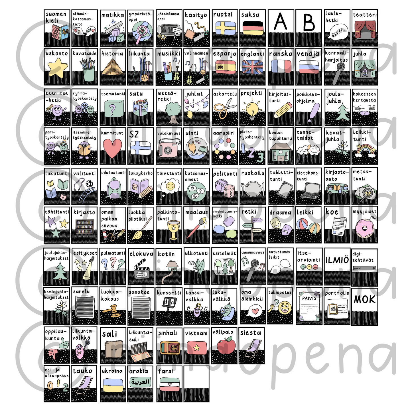 Oppiaine- ja tapahtumakortit 🇫🇮